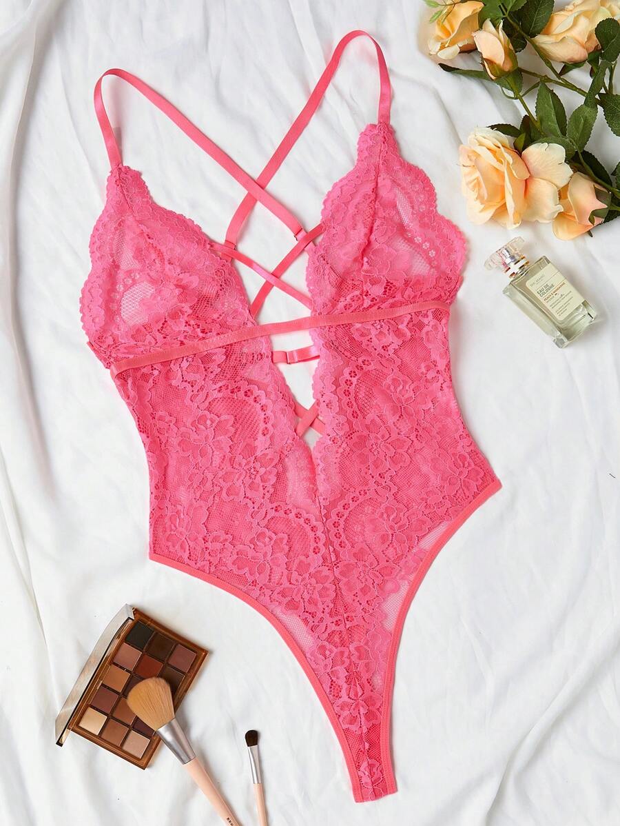 Sexy Floral Lace Criss Cross Teddy Bodysuit – Classic One-Piece Lingerie for Women with Deep V Design and Adjustable Straps