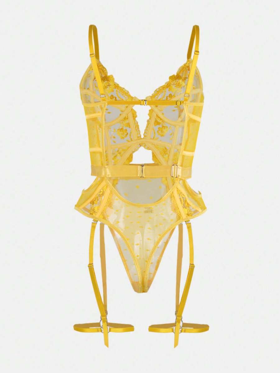 Sexy Embroidered Bridal Lingerie for Women – Backless One-Piece Teddy Bodysuit with Sheer Lace and Elegant Floral Stitching