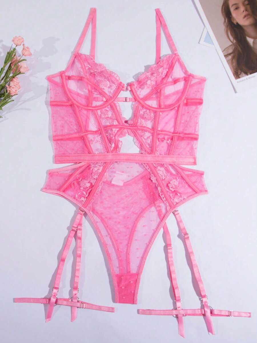 Sexy Embroidered Bridal Lingerie for Women – Backless One-Piece Teddy Bodysuit with Sheer Lace and Elegant Floral Stitching