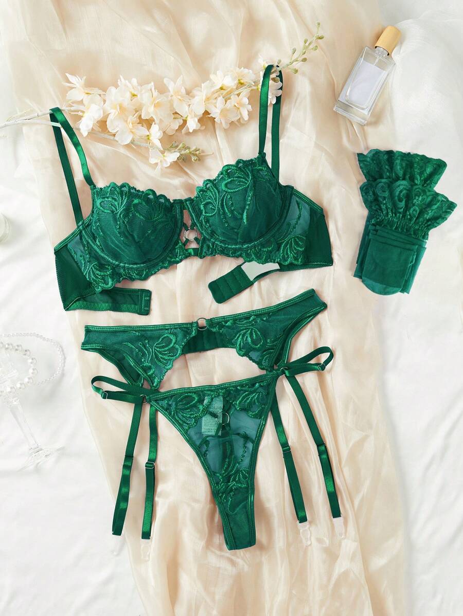 5-Pack Floral Embroidered Mesh Lingerie Set for Women – Underwire Bra, Garter, and Panty Combinations for Romantic Looks and Everyday Seduction