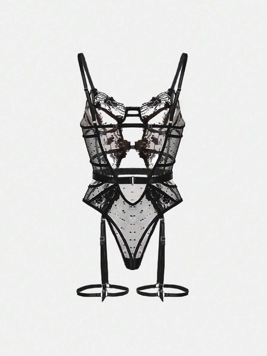 Sexy Embroidered Bridal Lingerie for Women – Backless One-Piece Teddy Bodysuit with Sheer Lace and Elegant Floral Stitching