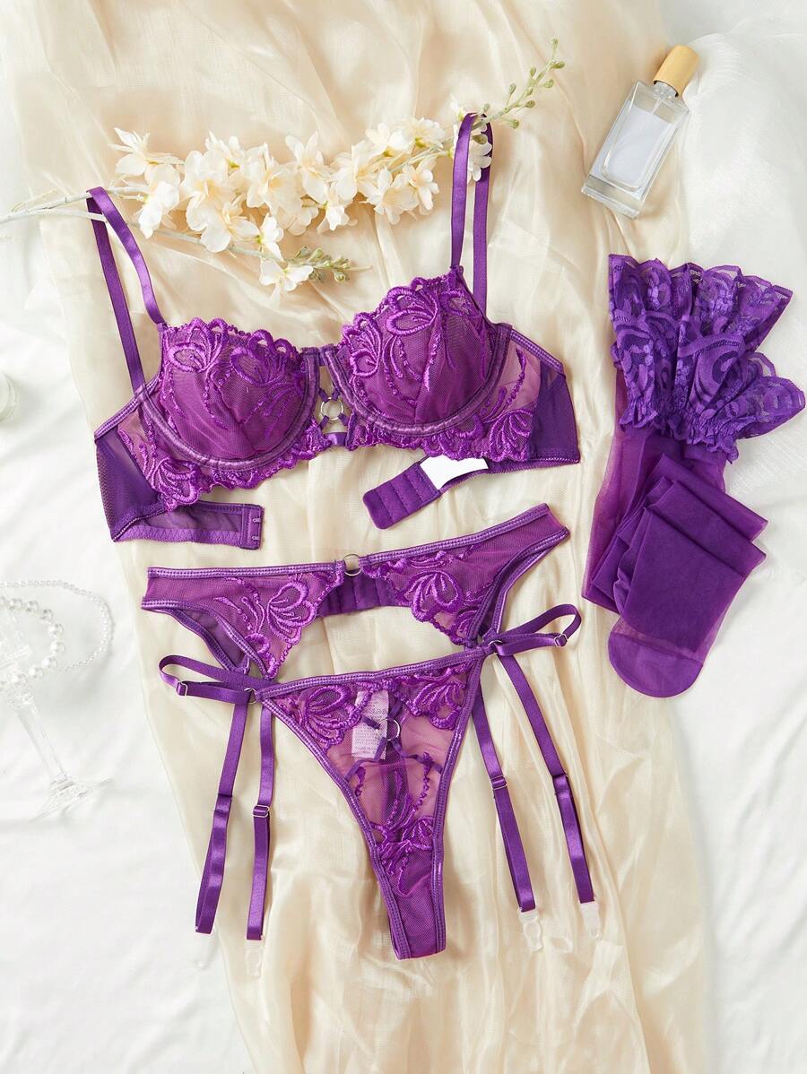 5-Pack Floral Embroidered Mesh Lingerie Set for Women – Underwire Bra, Garter, and Panty Combinations for Romantic Looks and Everyday Seduction