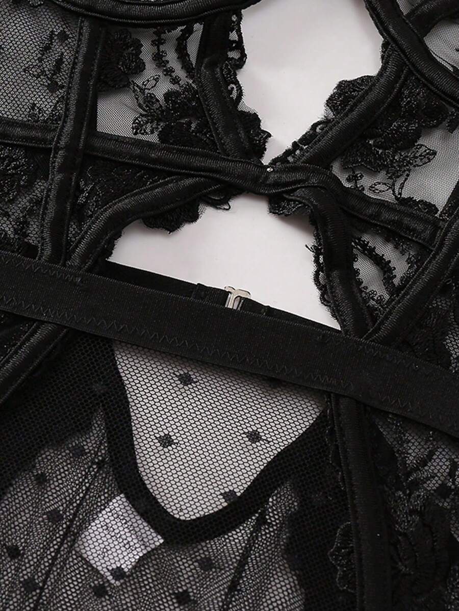 Sexy Embroidered Bridal Lingerie for Women – Backless One-Piece Teddy Bodysuit with Sheer Lace and Elegant Floral Stitching