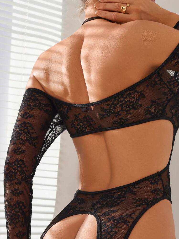 Elegant Lace Open-Crotch Bodysuit for Women – Sexy Wire-Free One-Piece Lingerie with Sheer Design, Perfect for Romantic or Intimate Occasions