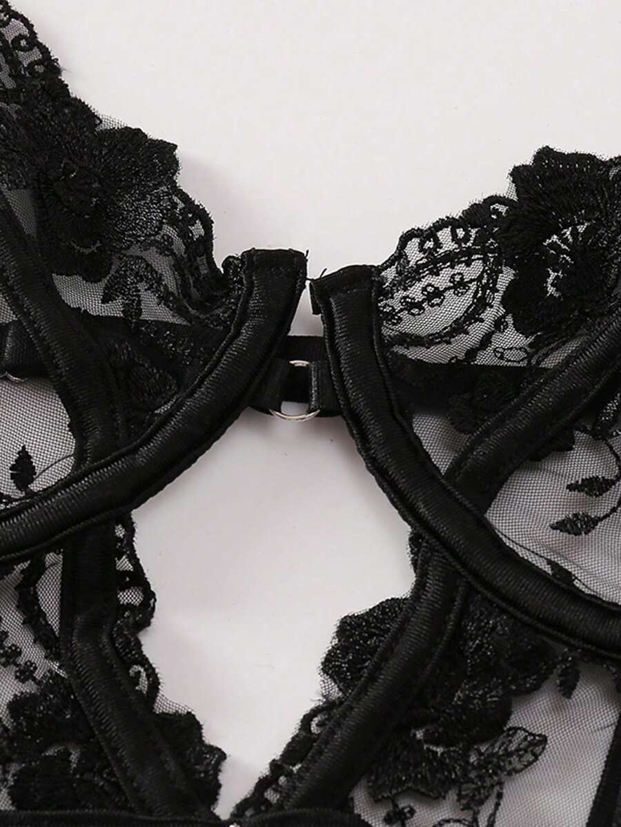 Sexy Embroidered Bridal Lingerie for Women – Backless One-Piece Teddy Bodysuit with Sheer Lace and Elegant Floral Stitching