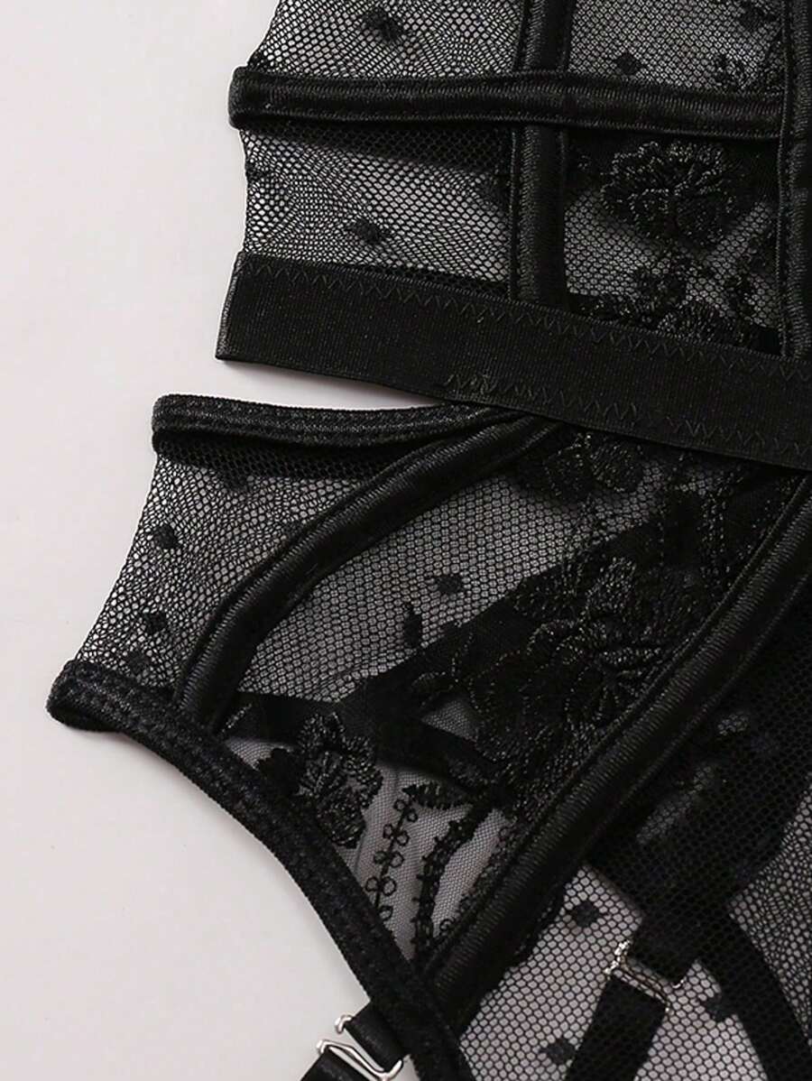 Sexy Embroidered Bridal Lingerie for Women – Backless One-Piece Teddy Bodysuit with Sheer Lace and Elegant Floral Stitching