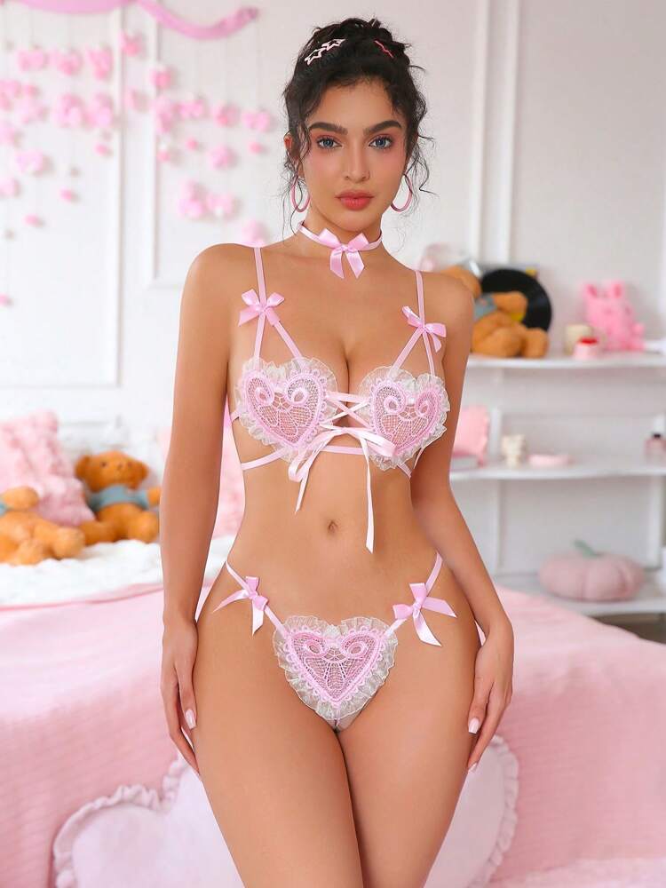 2PCS Pink Mesh Lace Lingerie Set for Women – Sexy Heart Bow Pajamas Style with Sheer Fabric, Perfect for Romantic Nights or Special Gifting