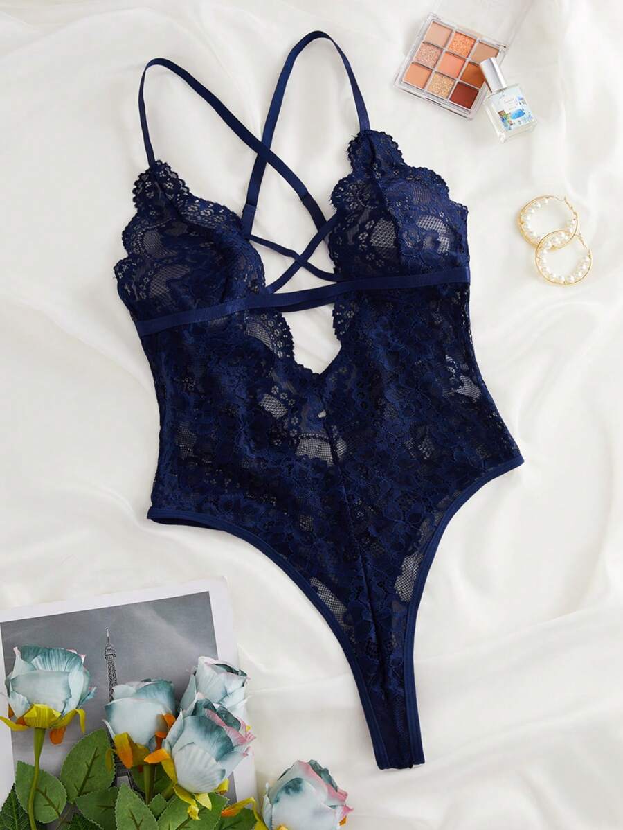 Sexy Floral Lace Criss Cross Teddy Bodysuit – Classic One-Piece Lingerie for Women with Deep V Design and Adjustable Straps