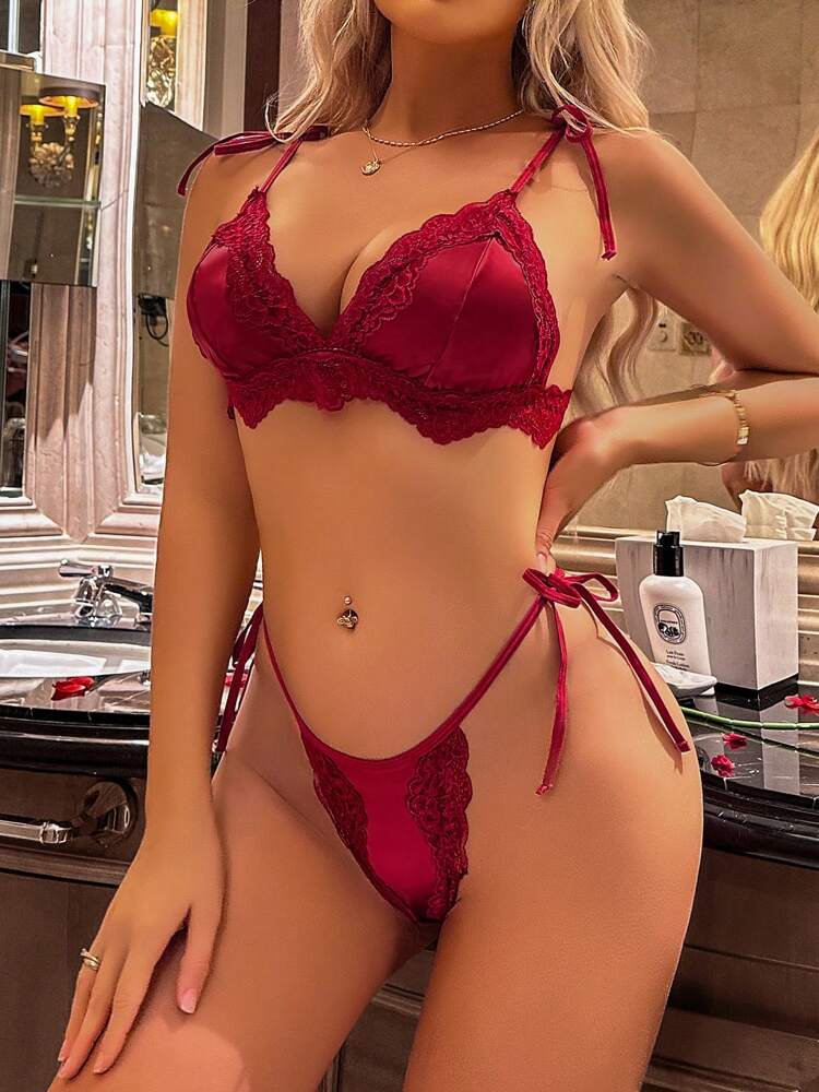 2PCS Wine Red Satin and Lace Lingerie Set for Women – Sexy Lace-Up Bra and Panty Duo with Elegant Stitching for Romantic or Special Occasions