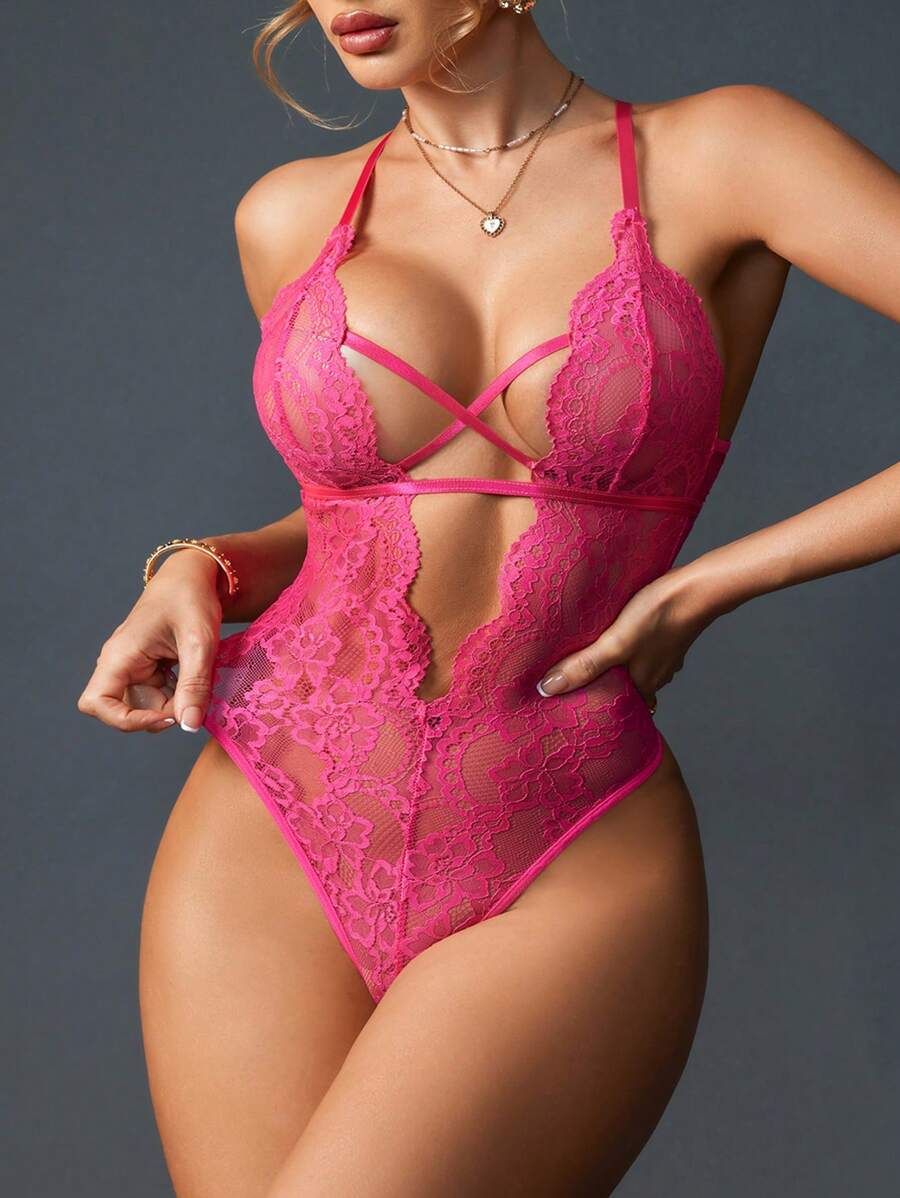 Sexy Floral Lace Criss Cross Teddy Bodysuit – Classic One-Piece Lingerie for Women with Deep V Design and Adjustable Straps