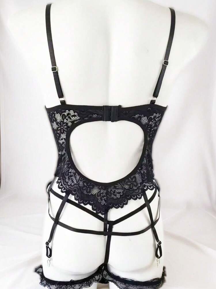1PCCCCAAAACCAA Sexy Lace Garter Lingerie Set for Women – Hollow-Out Body Shaping Bodysuit with Adjustable Straps for Romantic or Special Occasions