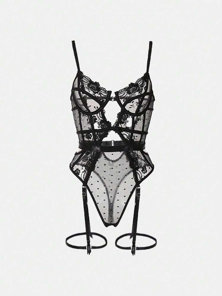 Sexy Embroidered Bridal Lingerie for Women – Backless One-Piece Teddy Bodysuit with Sheer Lace and Elegant Floral Stitching