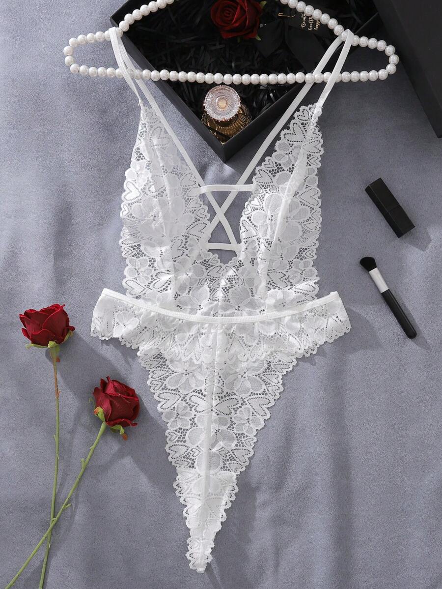 Heart Lace Plunging Neck Teddy Bodysuit – Sexy Crisscross Backless One-Piece Lingerie for Women’s Romantic Nights or Special Surprises