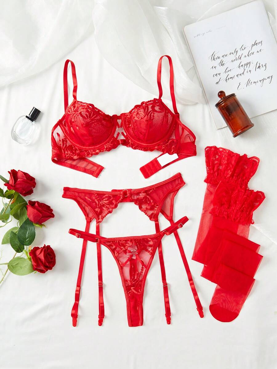 5-Pack Floral Embroidered Mesh Lingerie Set for Women – Underwire Bra, Garter, and Panty Combinations for Romantic Looks and Everyday Seduction