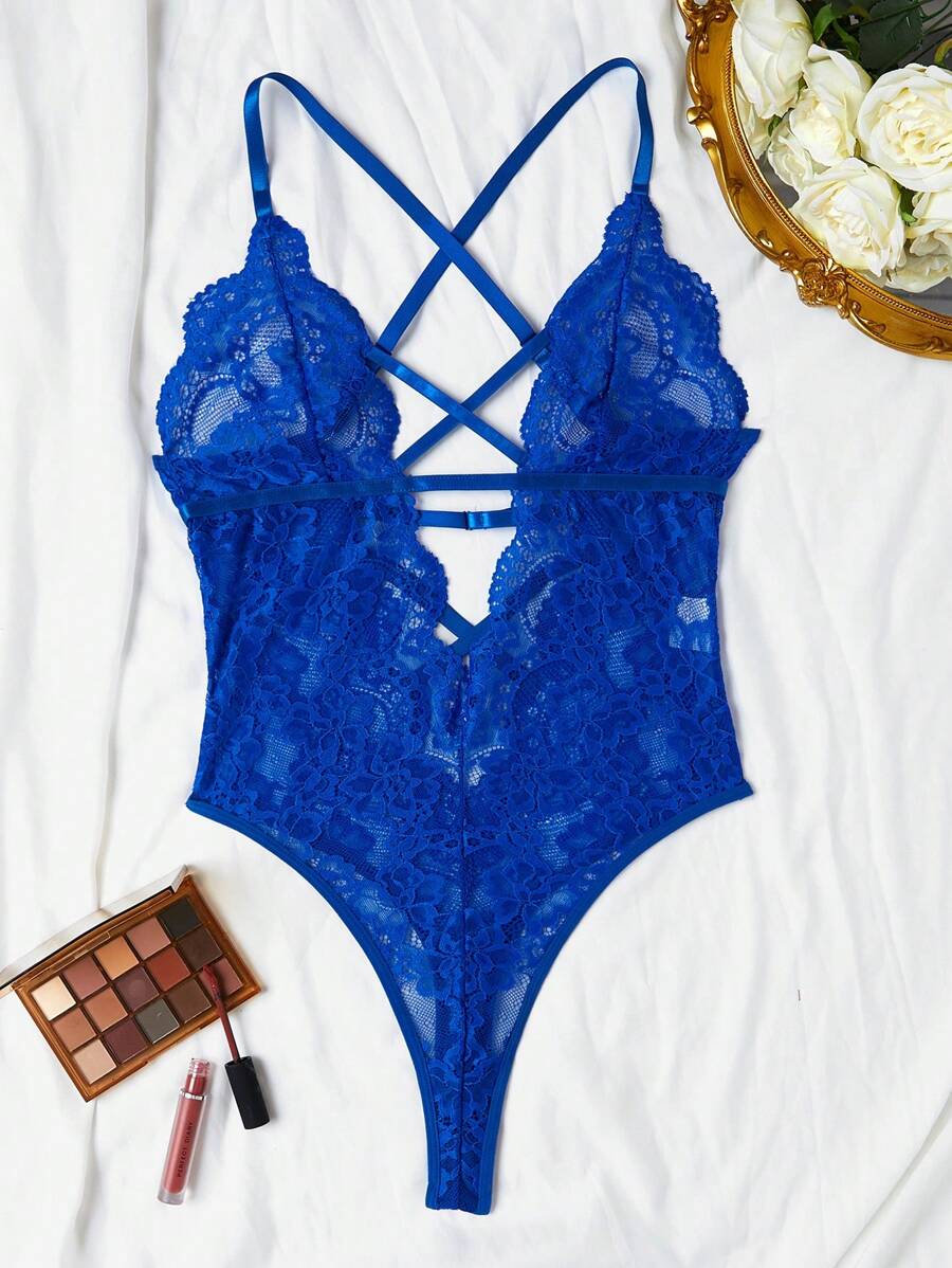 Sexy Floral Lace Criss Cross Teddy Bodysuit – Classic One-Piece Lingerie for Women with Deep V Design and Adjustable Straps
