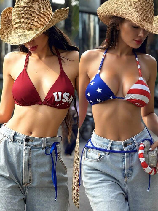 Women's USA Flag Triangle Cup Bikini Swimsuit - 4th of July Patriotic Swimwear