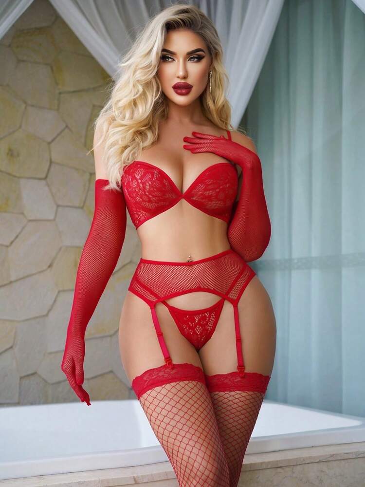 4PCS Red Sexy Lingerie Set for Women – Lace Bra, Thong, Suspender Fishnet Stockings and Gloves for High-End Romantic or Fashionable Occasions