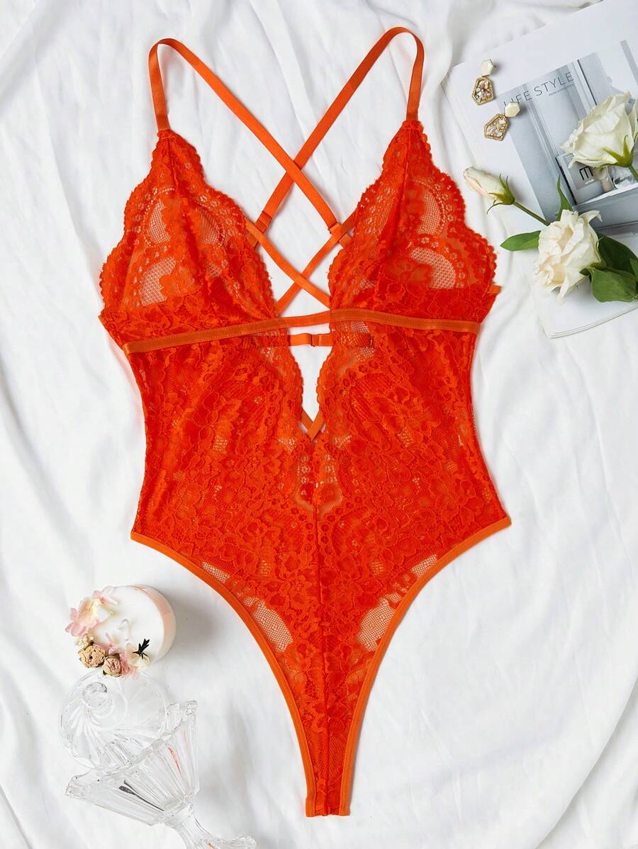 Sexy Floral Lace Criss Cross Teddy Bodysuit – Classic One-Piece Lingerie for Women with Deep V Design and Adjustable Straps
