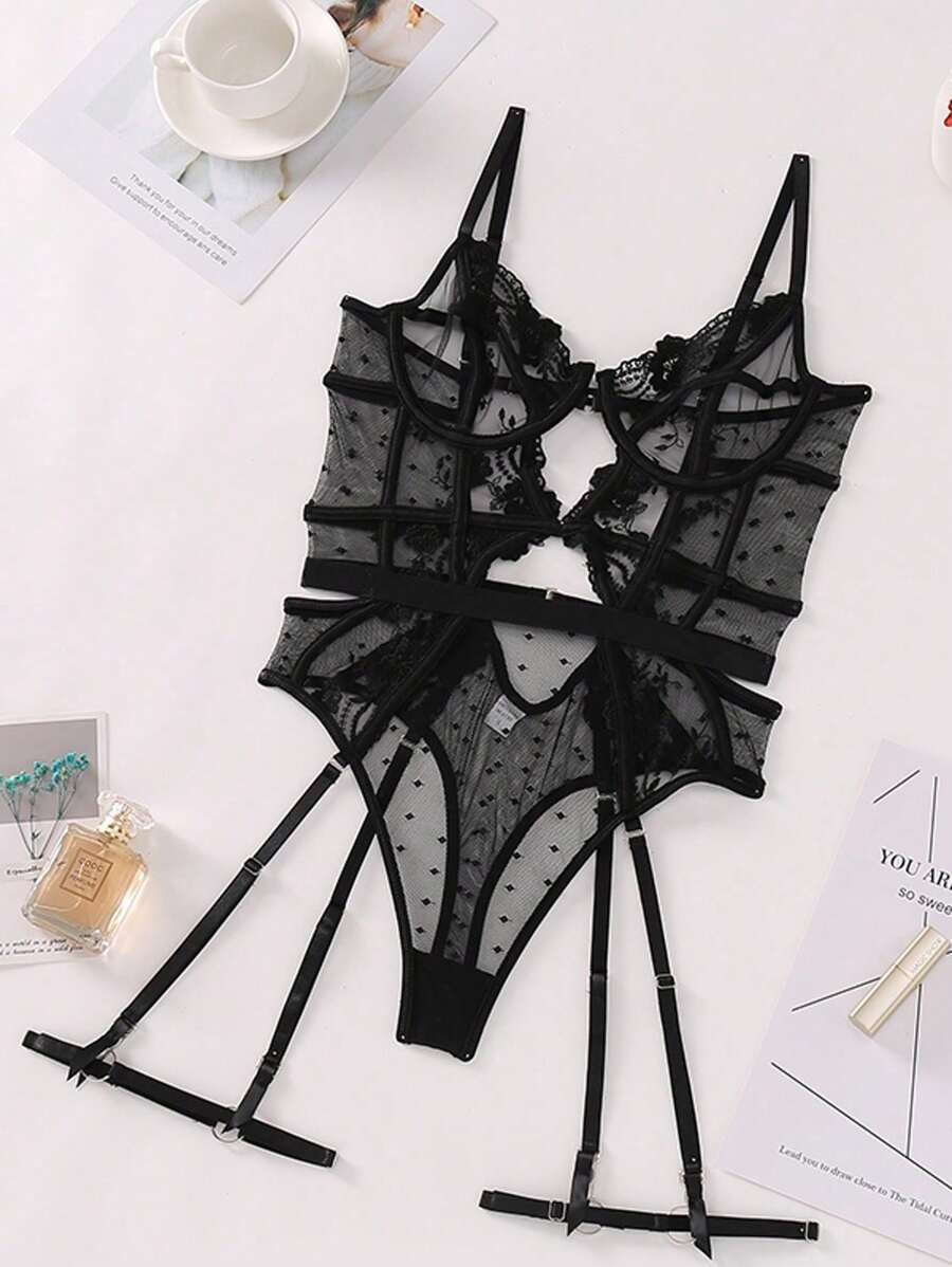 Sexy Embroidered Bridal Lingerie for Women – Backless One-Piece Teddy Bodysuit with Sheer Lace and Elegant Floral Stitching