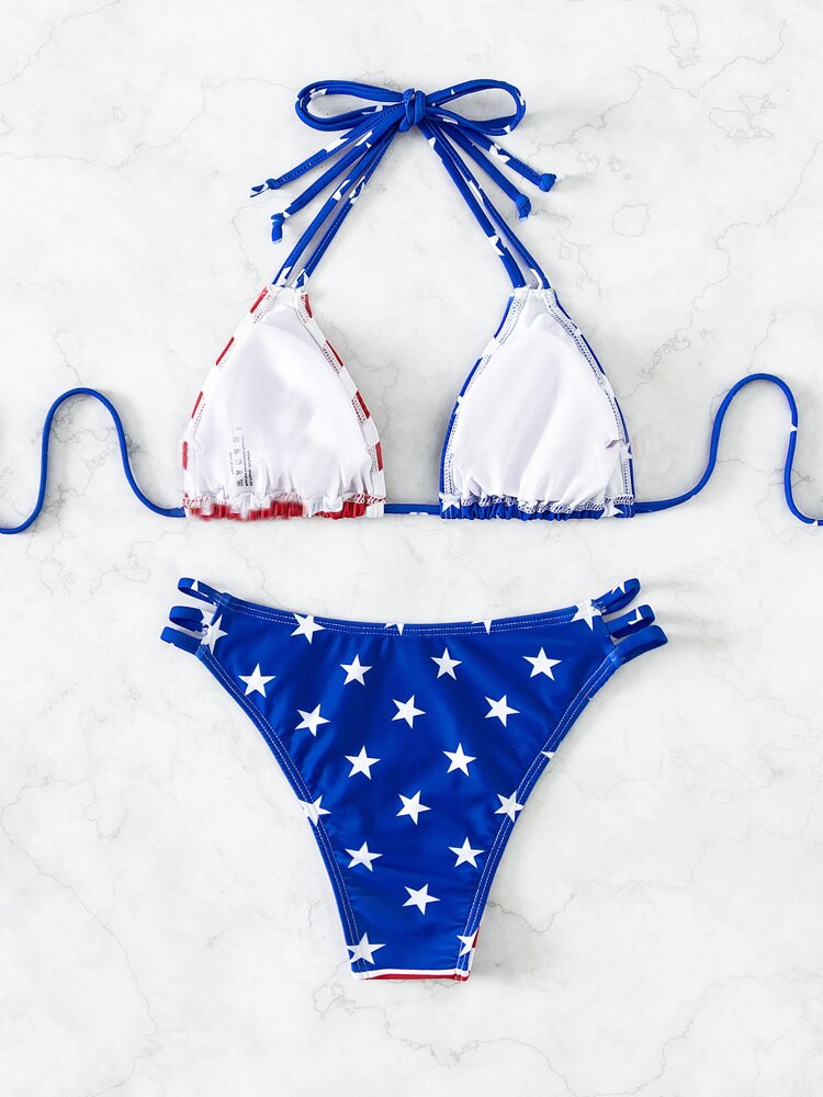 4th of July American Flag Bikini Set - Halter Triangle Top & Bikini Bottom for Summer Beach