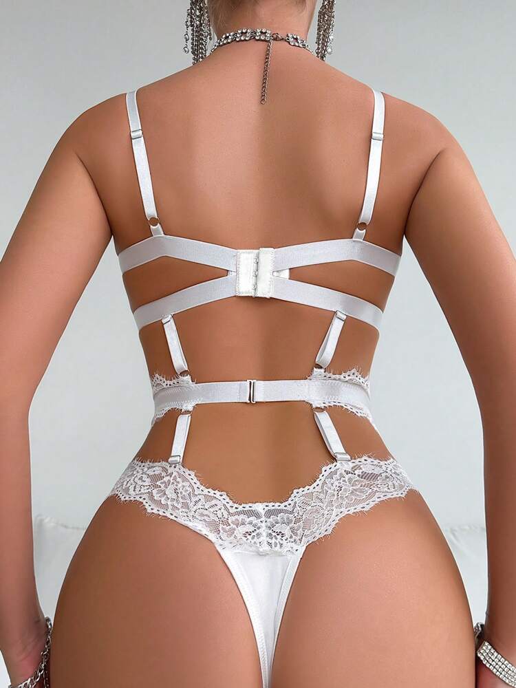 Sexy Lace Hollow-Out Bridal Bodysuit for Women – Elegant One-Piece Lingerie with Sheer Panels and Spliced Design for Wedding Night or Honeymoon