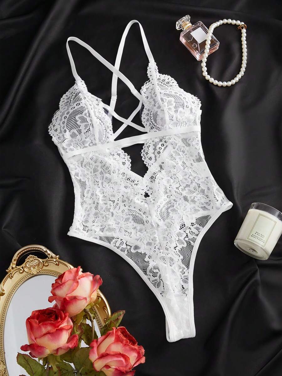 Sexy Floral Lace Criss Cross Teddy Bodysuit – Classic One-Piece Lingerie for Women with Deep V Design and Adjustable Straps