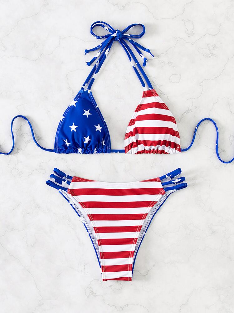 4th of July American Flag Bikini Set - Halter Triangle Top & Bikini Bottom for Summer Beach