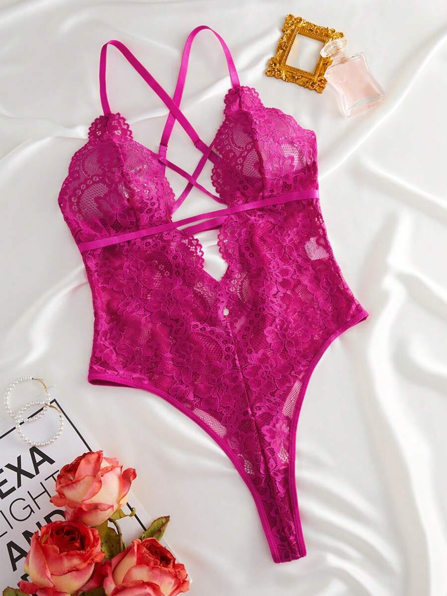 Sexy Floral Lace Criss Cross Teddy Bodysuit – Classic One-Piece Lingerie for Women with Deep V Design and Adjustable Straps