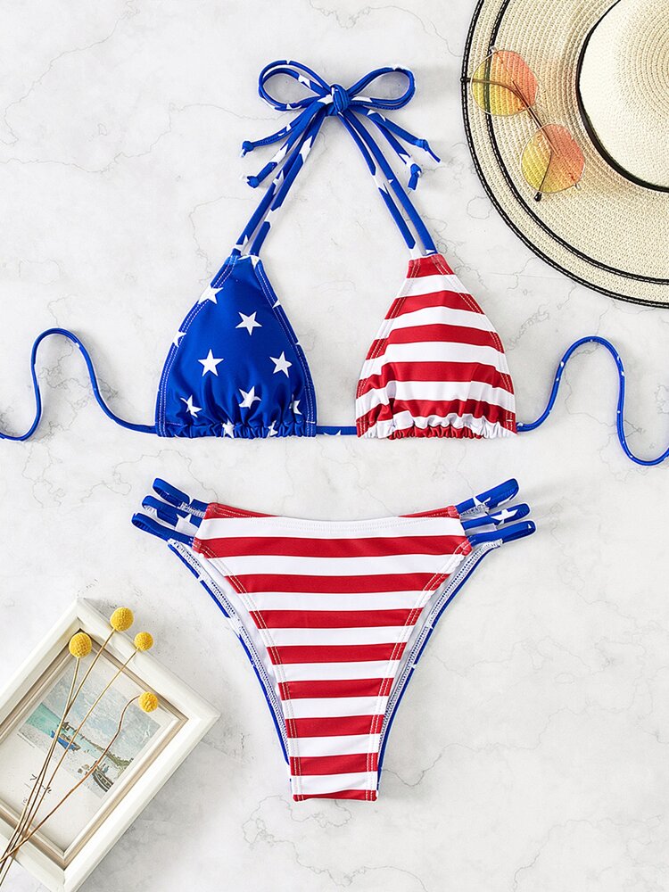 4th of July American Flag Bikini Set - Halter Triangle Top & Bikini Bottom for Summer Beach