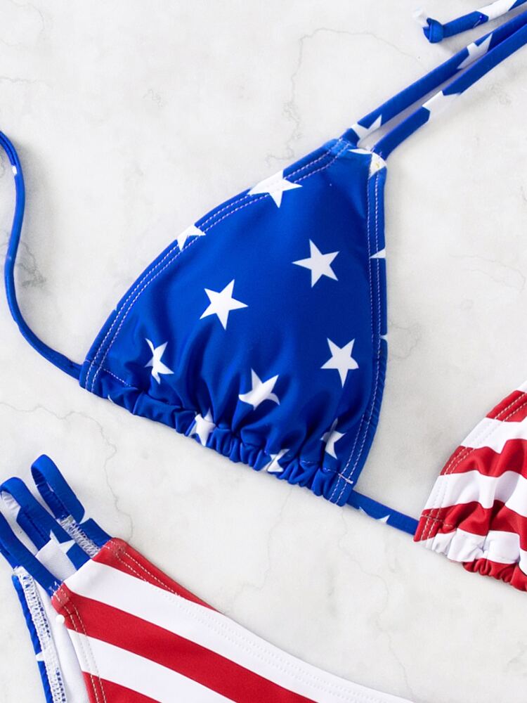 4th of July American Flag Bikini Set - Halter Triangle Top & Bikini Bottom for Summer Beach