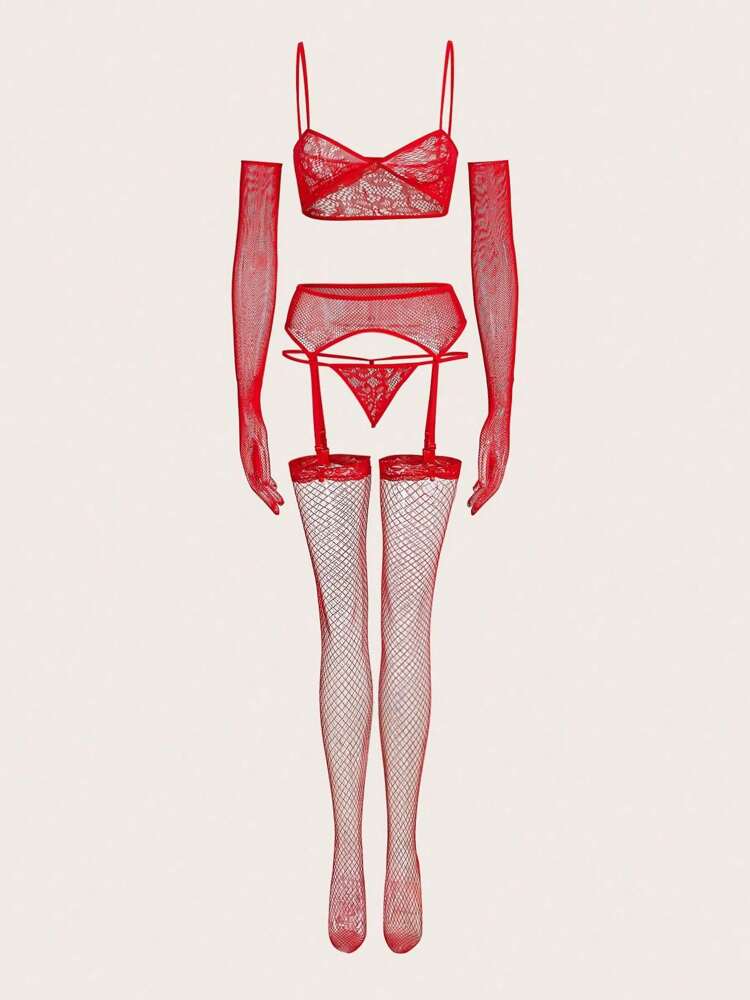 4PCS Red Sexy Lingerie Set for Women – Lace Bra, Thong, Suspender Fishnet Stockings and Gloves for High-End Romantic or Fashionable Occasions