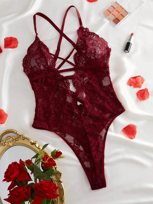 Sexy Floral Lace Criss Cross Teddy Bodysuit – Classic One-Piece Lingerie for Women with Deep V Design and Adjustable Straps
