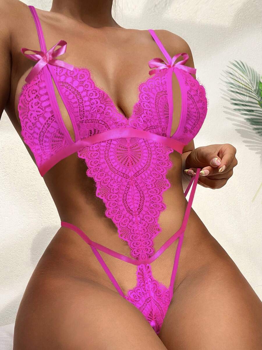 Sexy Eyelash Lace Cut-Out Teddy Bodysuit – One-Piece Lingerie with Bow Front and Backless Design for Women’s Romantic Nights