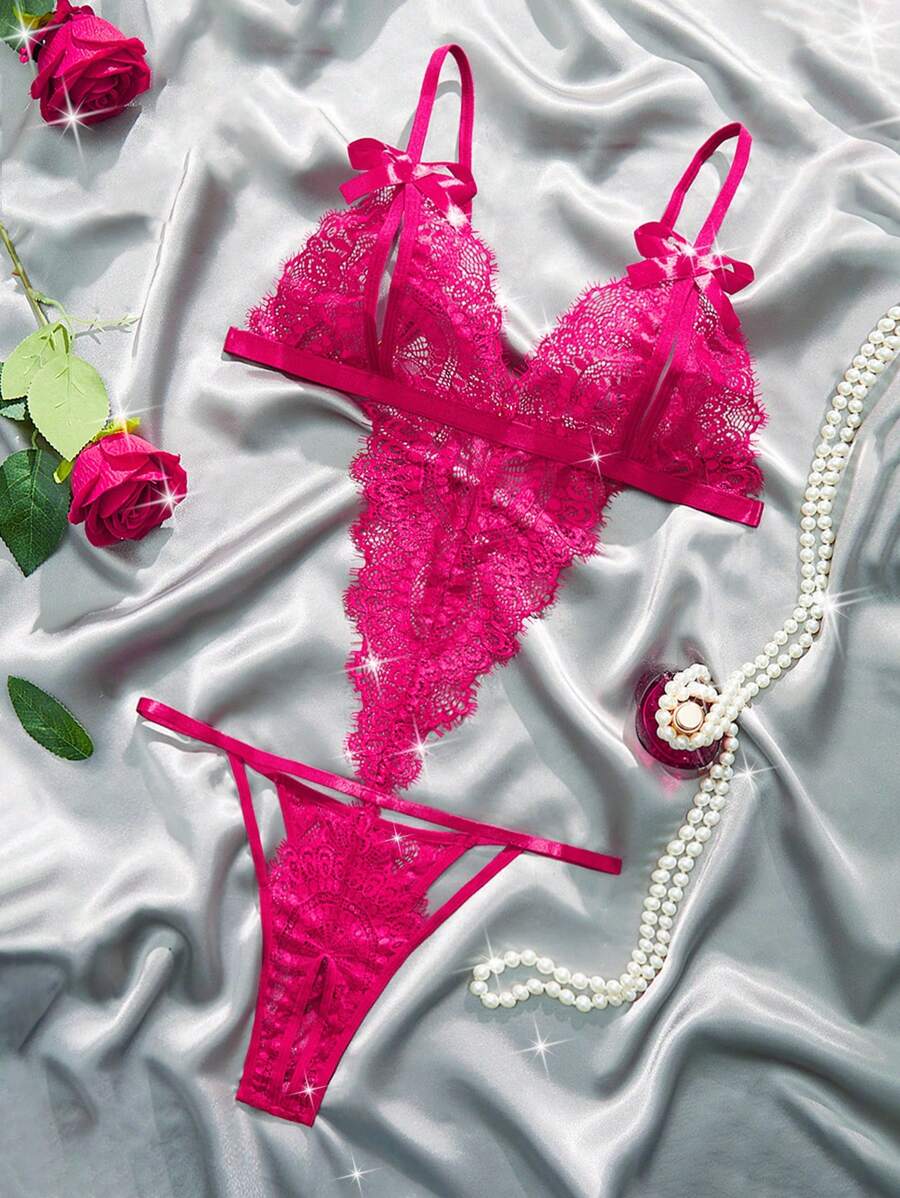 Sexy Eyelash Lace Cut-Out Teddy Bodysuit – One-Piece Lingerie with Bow Front and Backless Design for Women’s Romantic Nights