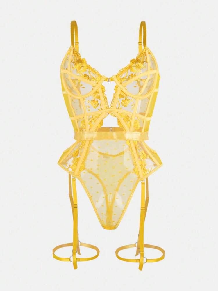 Sexy Embroidered Bridal Lingerie for Women – Backless One-Piece Teddy Bodysuit with Sheer Lace and Elegant Floral Stitching